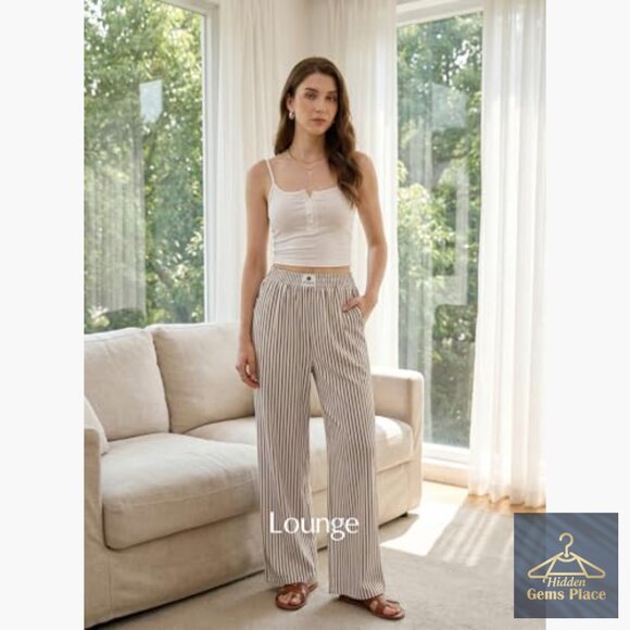 Lightweight Striped Pajama Pants High Waist Wide Leg Lounge Bottoms - Picture 5 of 7